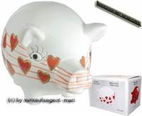 Sparschwein mit Design Herzen wei Dekor rote Herzen Keramik mit Spardoschloss Mae ca: 16 cm - Bild vergrern 
