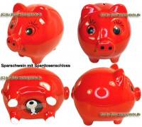 Sparschwein mit gro�en Augen Design Uni rot Keramik mit Spardosenschloss Ma�e ca.: L= 16 cm - Bild vergr��ern 