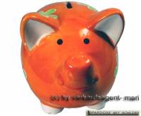 Sparschwein Dekor Blumen orange Keramik mit Spardosenschloss und Schlssel Mae ca.: L= 16 cm - Bild vergrern 