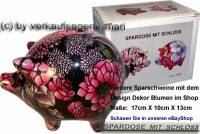 Sparschwein Design Dekor schwarz mit bunten Blten Keramik mit Spardosenschloss Mae ca.: L= 17 cm - Bild vergrern 