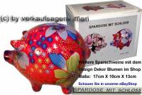 Sparschwein Design Dekor rot mit bunten Bl�ten Keramik mit Spardosenschloss Ma�e ca.: L= 17 cm - Bild vergr��ern 