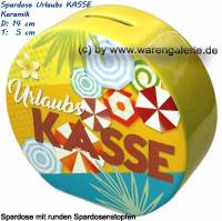 Spardose Urlaubs KASSE Design- Motiv Sonnenschirme & Blumen gelb/ bunt Ma&szlig;e ca.: H= 13,5 cm