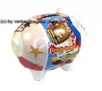 Themen Sparschwein Urlaubskasse Keramik wei/ buntes Dekor mit Spardosenstopfen Mae ca.: L= 13 cm - Bild vergrern 