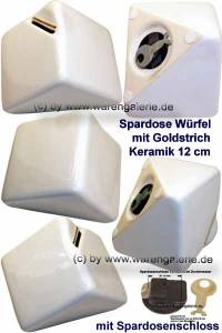 Spardose Wrfel mit Goldstrich Farbe wei mit Spardosenschloss & groen Schlssel Mae ca.: L= 12 cm - Bild vergrern 