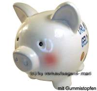 Sparschwein Aufschrift Urlaubsgeld Keramik mit Spardosenstopfen Stpsel Mae ca.: L= 20 cm - Bild vergrern 